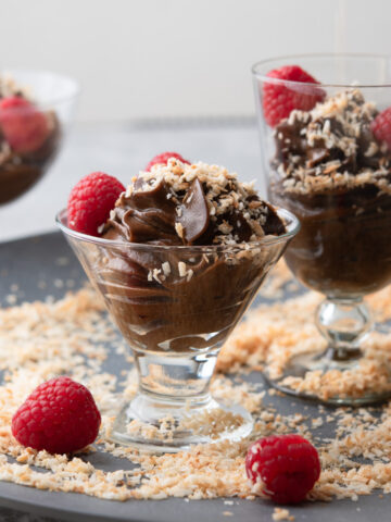 carob avocado puddings in parfait glasses