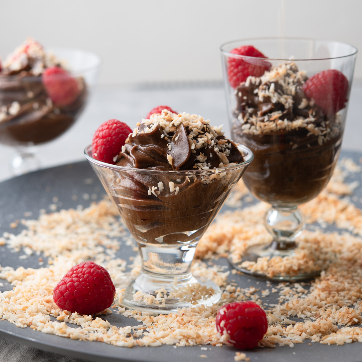 carob avocado puddings in parfait glasses