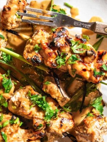 chicken skewers grilled with tigernut butter sauce