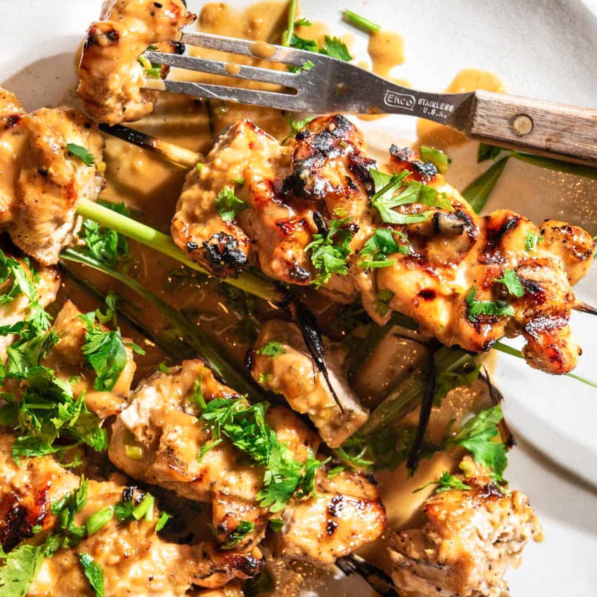 chicken skewers grilled with tigernut butter sauce