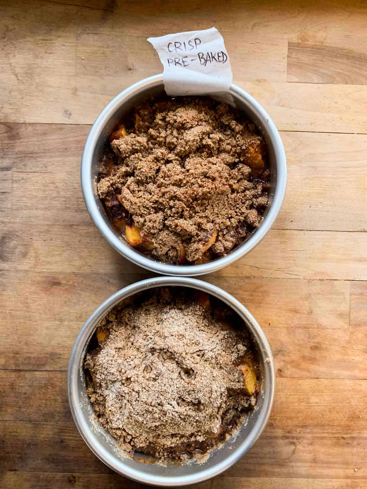 peach crisp with pre-baked topping and peach crisp with topping