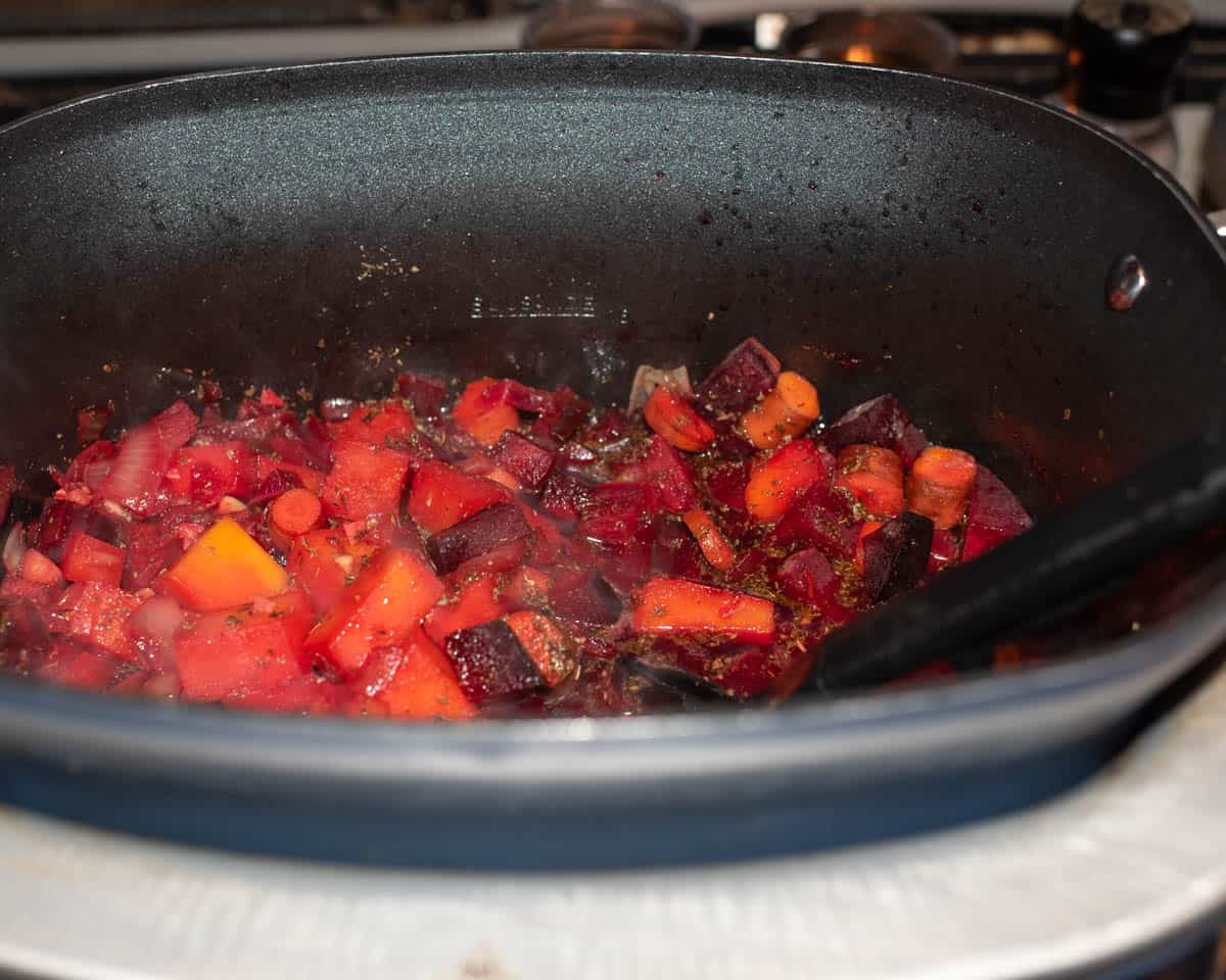 vegetables cooked until tender after 5 hours in slow cooker