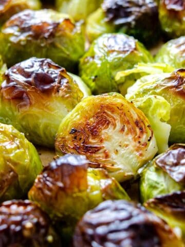 Roasted until crispy Brussels sprouts with honey and balsamic