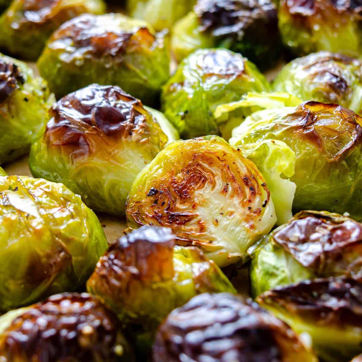 Roasted until crispy Brussels sprouts with honey and balsamic