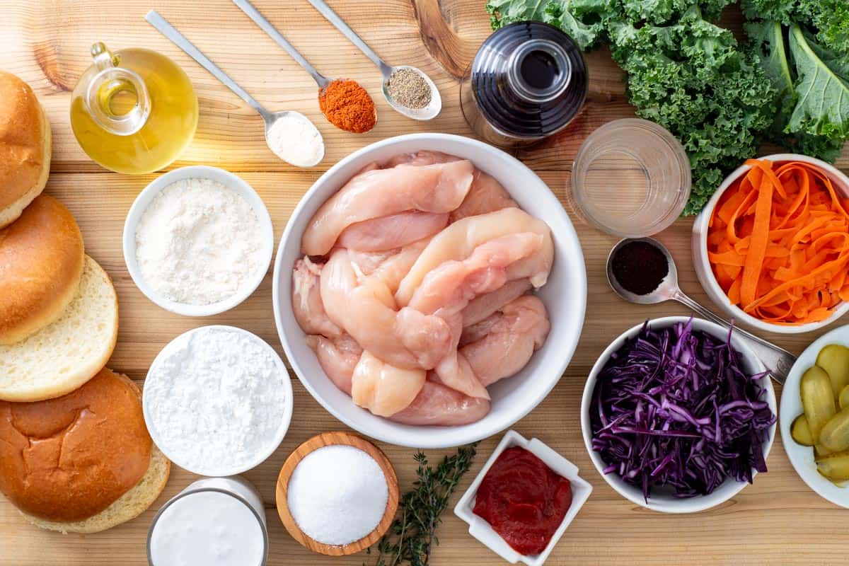 chicken tenders, spices, coconut milk, cassava flour, kale, and cabbage