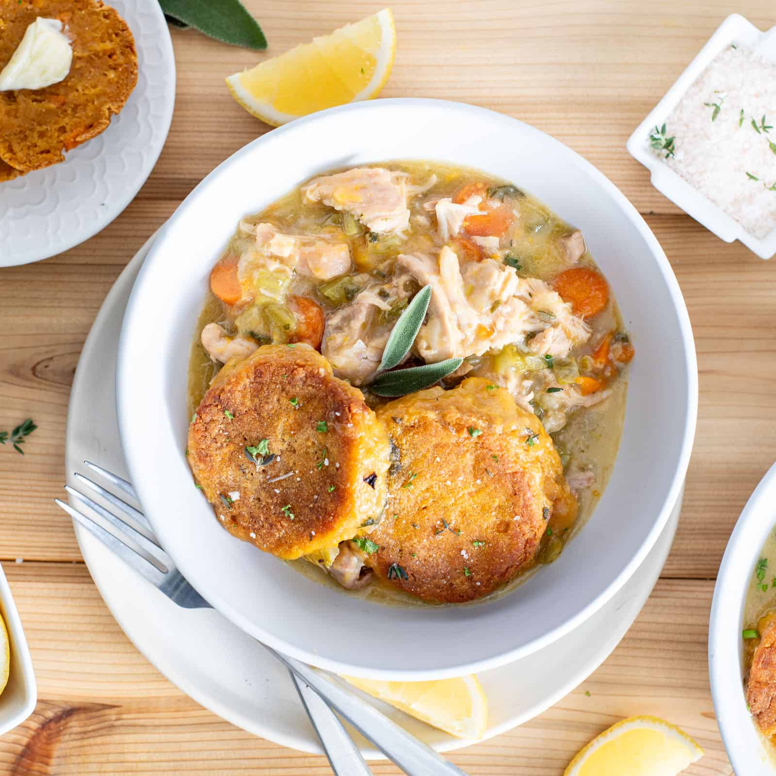 chicken pot pie with aip sweet potato biscuits