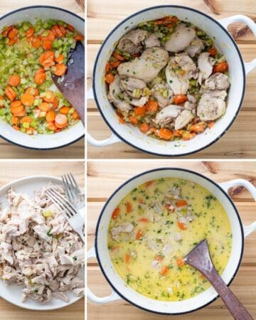 mirepoix in Dutch oven, chicken added, chicken shredded, sauce thickened in pot