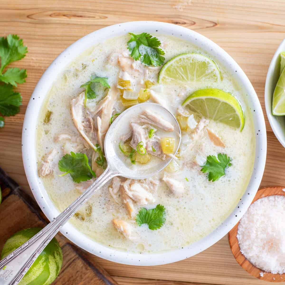 Coconut Chicken Lime Soup in bowl with cilantro