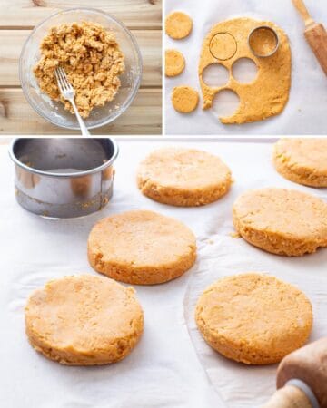 biscuit mixture in bowl, biscuits rolled out, biscuits cut into rounds