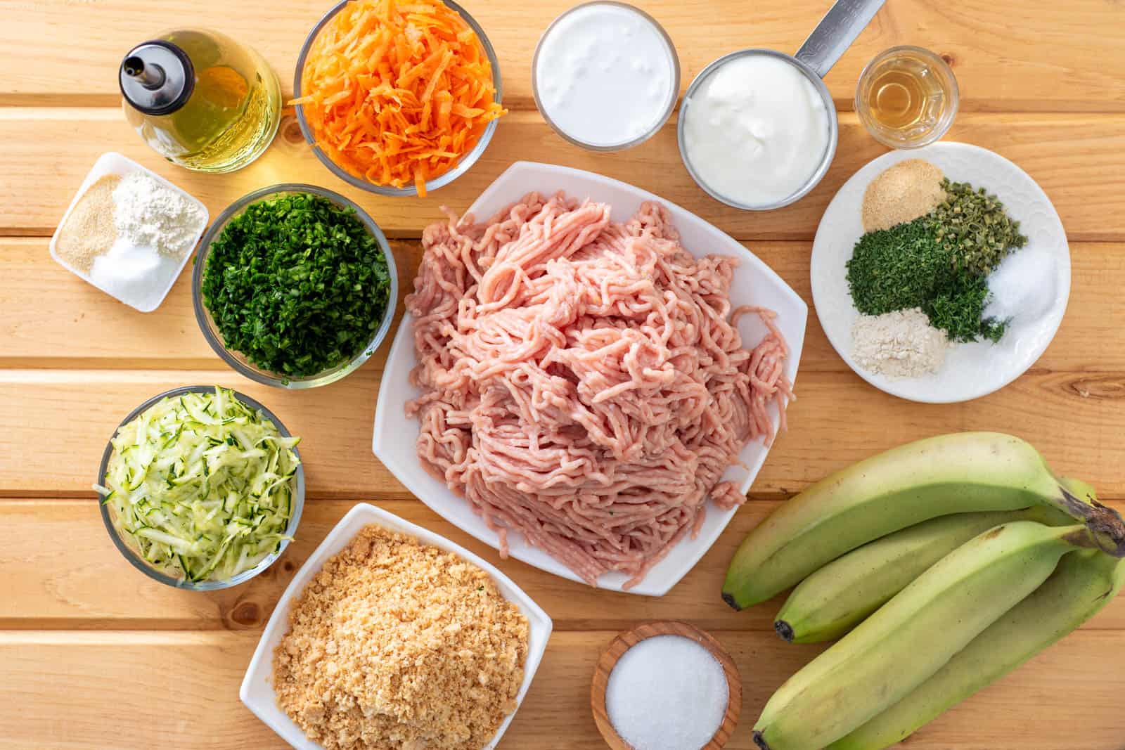 ground chicken, vegetables, garlic and onion powder, and pork rind panko