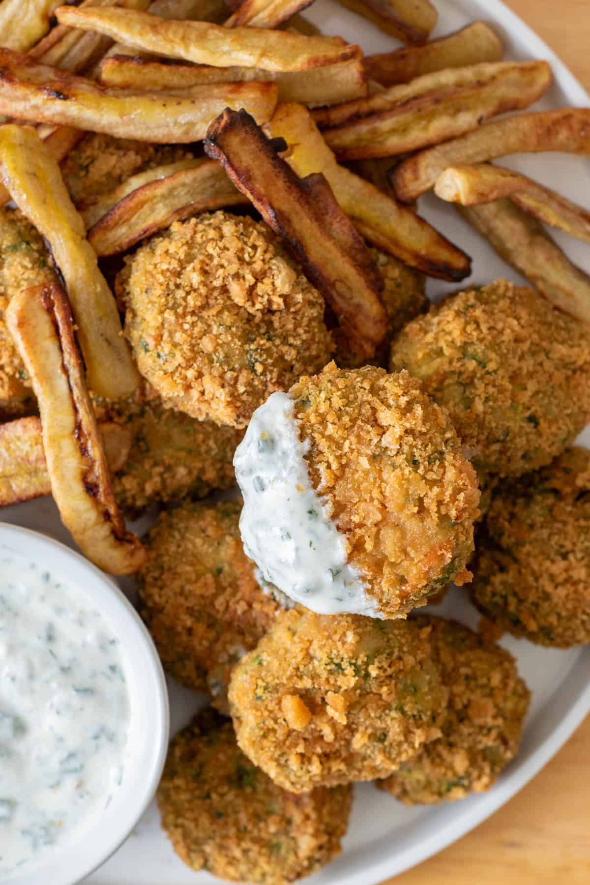AIP chicken nuggets with gluten-free paleo crust plated with dairy-free ranch