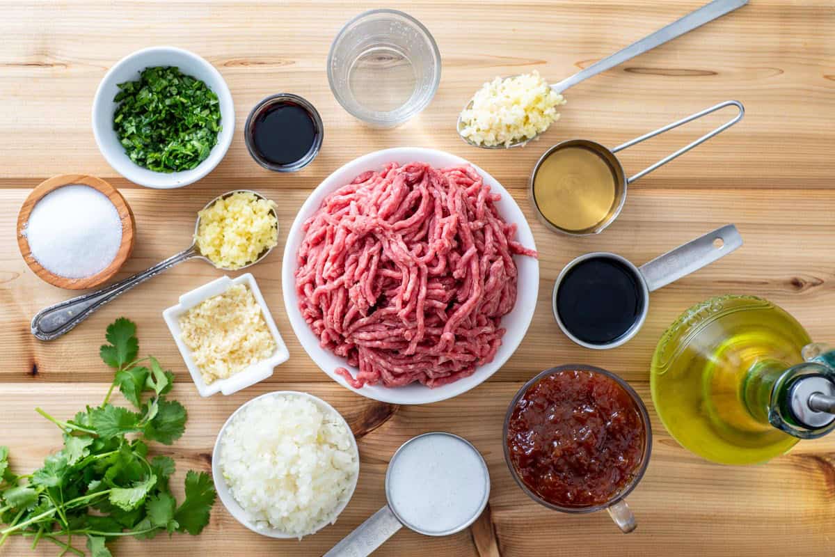 meatloaf ingredients: ground beef, onion, garlic, cilantro, and coconut milk