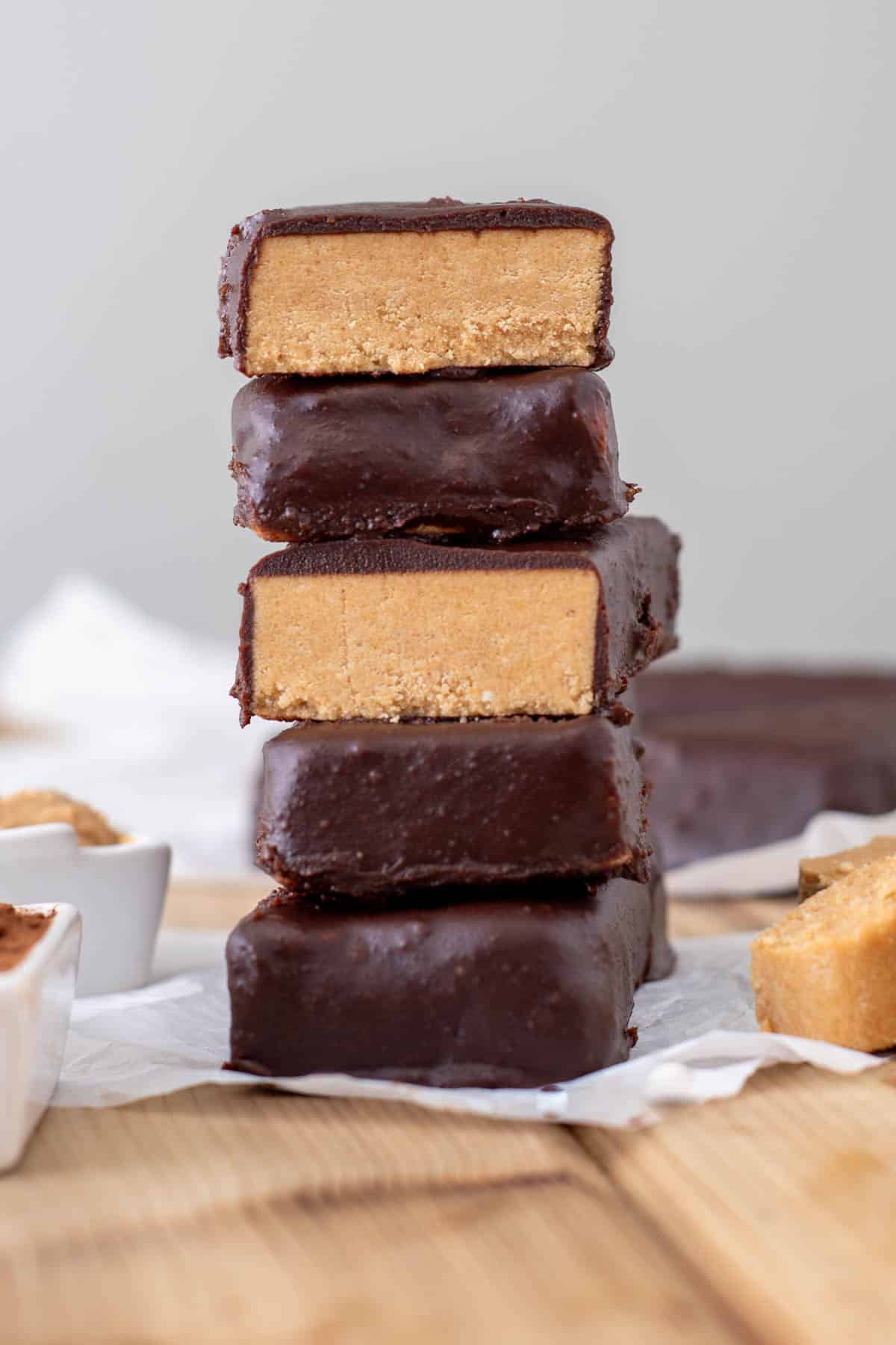 carob coated tigernut butter protein bars stacked