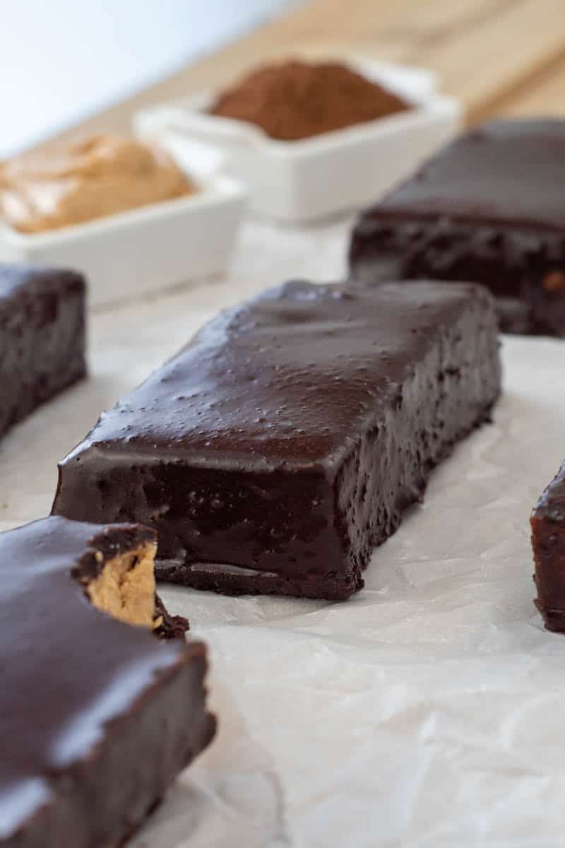 just dipped tigernut protein bar in carob mixture