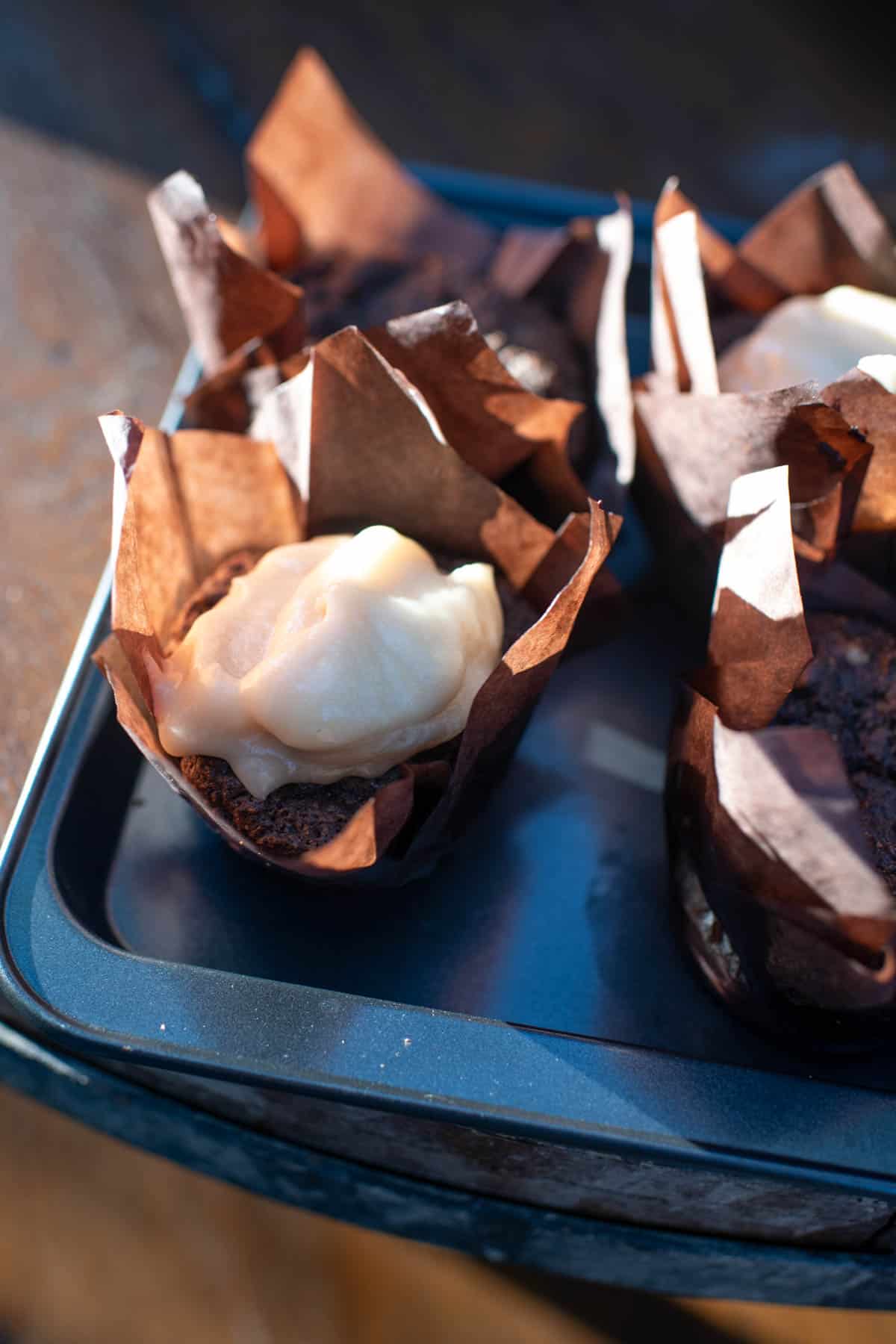 AIP chocolate cupcakes with tangy vanilla frosting