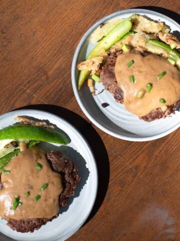 AIP burger with AIP cheese sauce and tempura zucchini fries