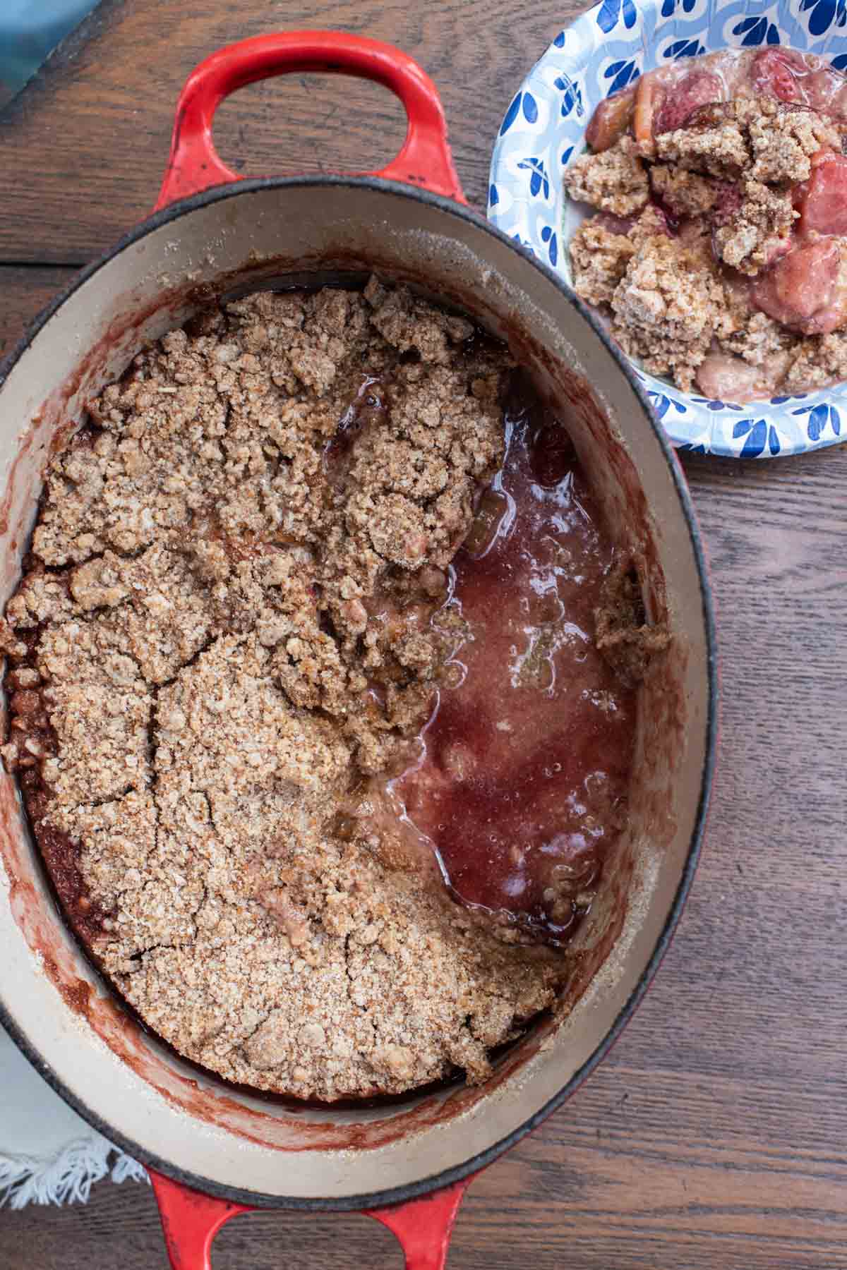 AIP strawberry rhubarb crisp baked in Dutch oven