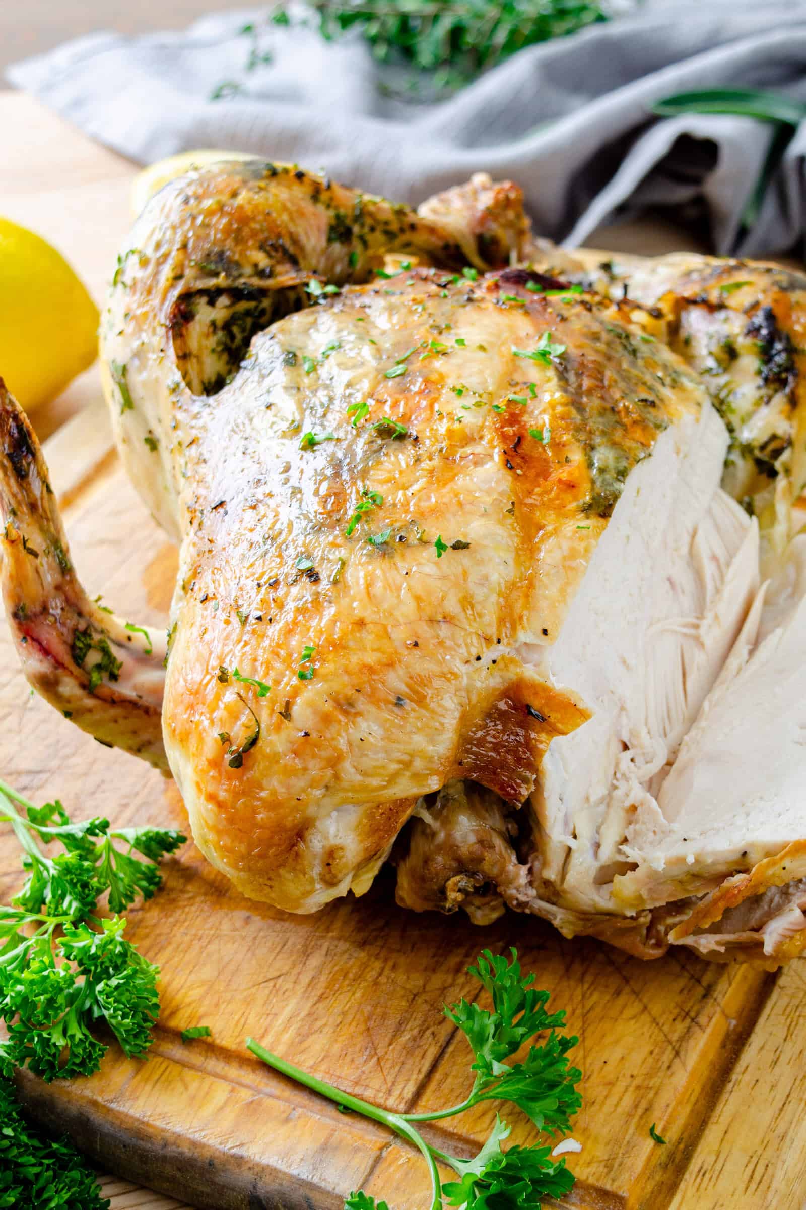 AIP whole roast chicken sliced on cutting board